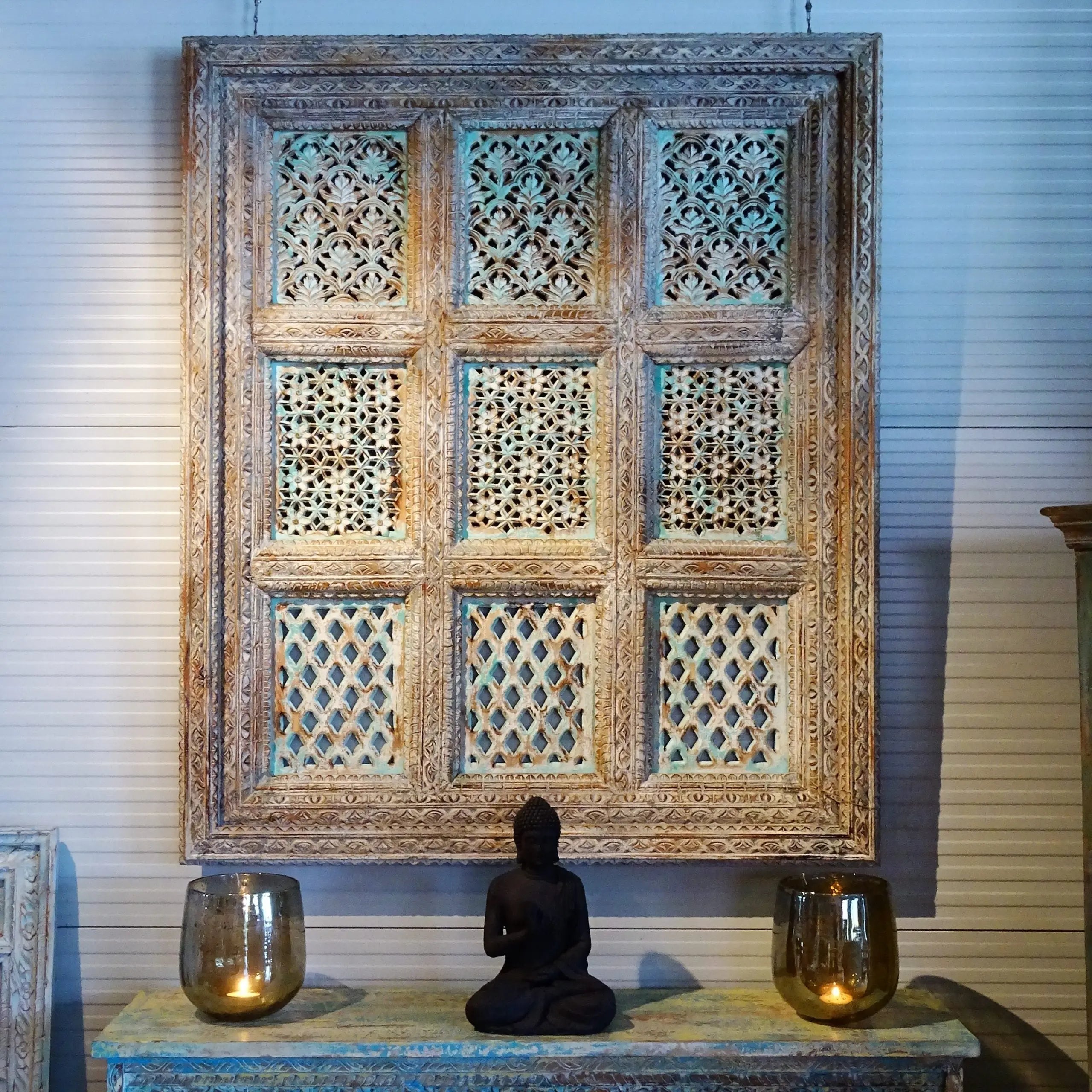Hand‑Carved Mango Wood Wall Panel — Distressed Turquoise, Multi‑Pattern Lattice Grid, 135 × 160 × 10 cm Headboard  3D wall decor jlhomedecor2021.myshopify.com