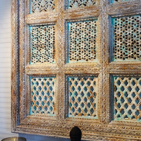 hand carved wall panel, mango wood wall art, distressed turquoise panel, oversized wall panel, geometric carved panel, openwork wall hanging, lattice grid panel, jali wall art, indian furniture, living room wall art, bedroom wall decor, entryway wall panel, decorative wall panel, handmade wall art, artisan made panel, premium wood art, quality wood decor, durable wall panel, timeless wall art, elegant panel, statement wall decor, decorative panel, unique wall art, sculptural panel, focal piece art, handcraf