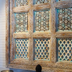 hand carved wall panel, mango wood wall art, distressed turquoise panel, oversized wall panel, geometric carved panel, openwork wall hanging, lattice grid panel, jali wall art, indian furniture, living room wall art, bedroom wall decor, entryway wall panel, decorative wall panel, handmade wall art, artisan made panel, premium wood art, quality wood decor, durable wall panel, timeless wall art, elegant panel, statement wall decor, decorative panel, unique wall art, sculptural panel, focal piece art, handcraf