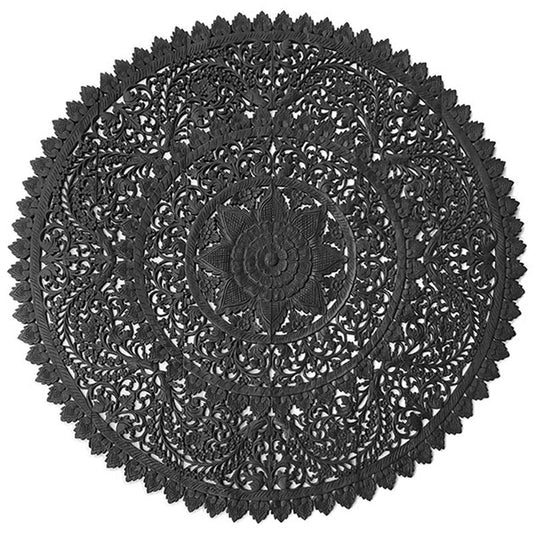 "Extra large 183cm round black rustic wood wall panel as dramatic room focal point"

