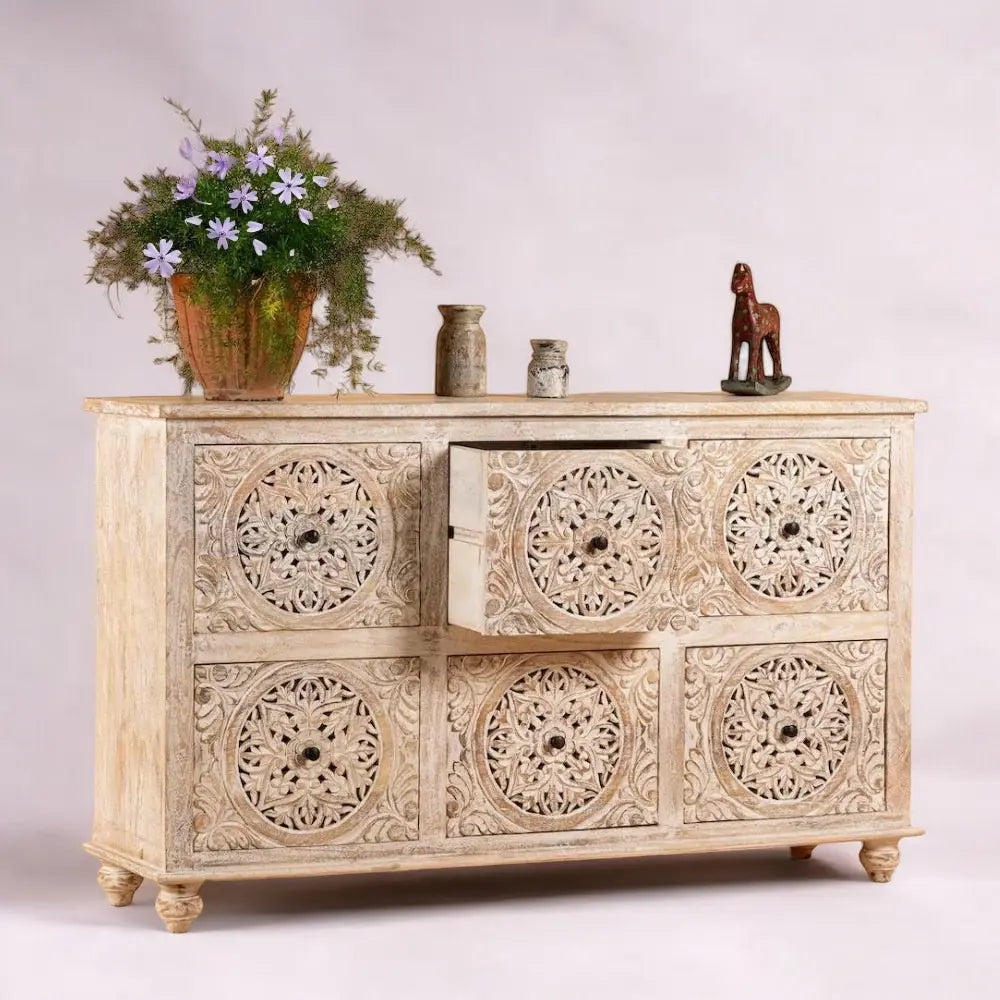 White Rustic Hand Carved Solid Wood Cabinet cabinet  antique style jlhomedecor2021.myshopify.com