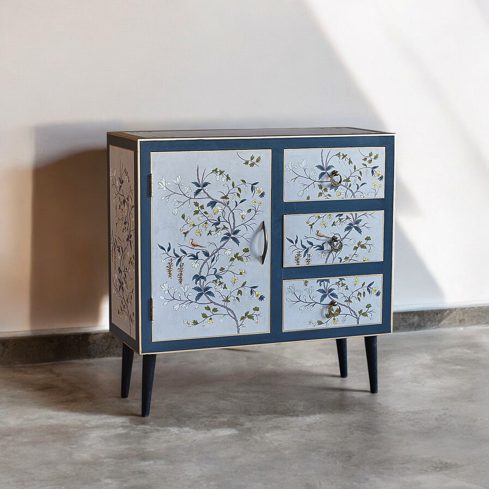 Hand-Painted Floral Chest of Drawers – Grey Mango Wood 3-Drawer Cabinet | J.L.HOME DECOR
