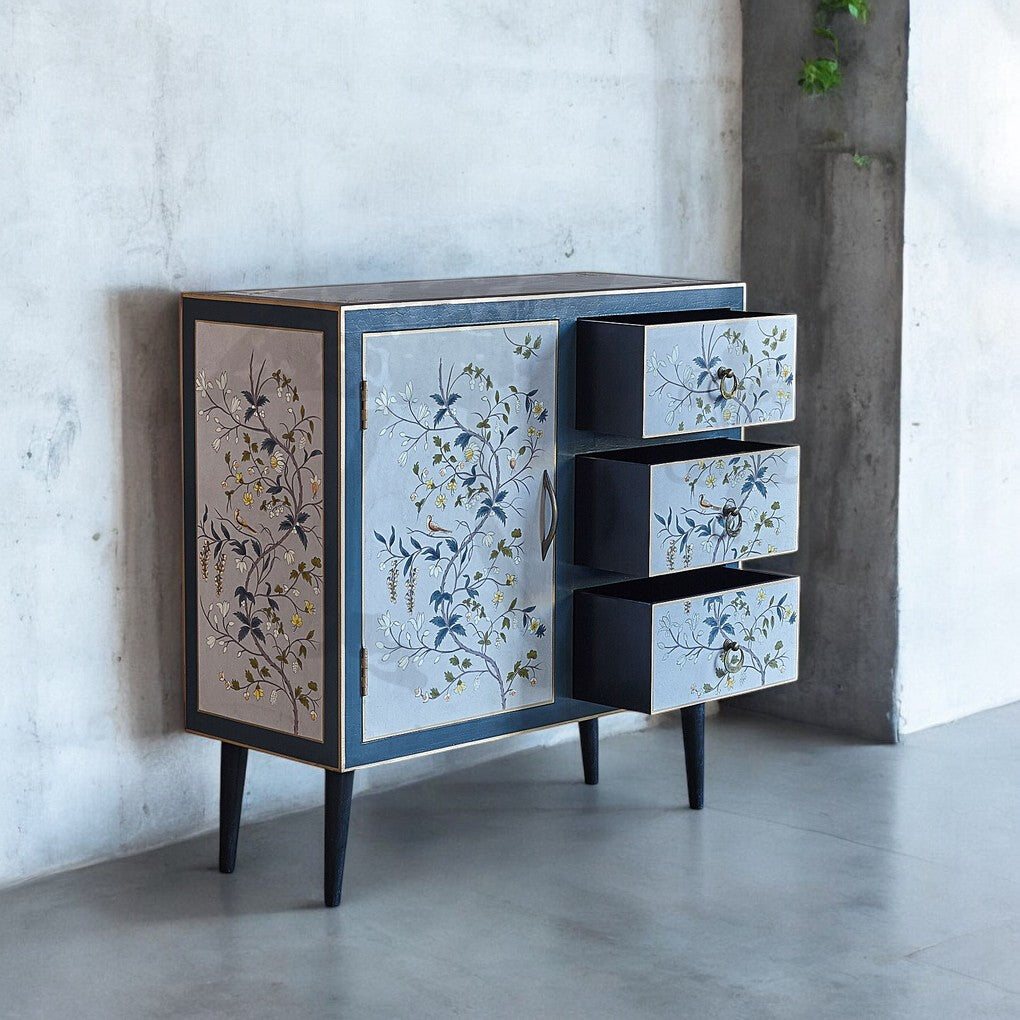 Hand-Painted Floral Chest of Drawers – Grey Mango Wood 3-Drawer Cabinet | J.L.HOME DECOR