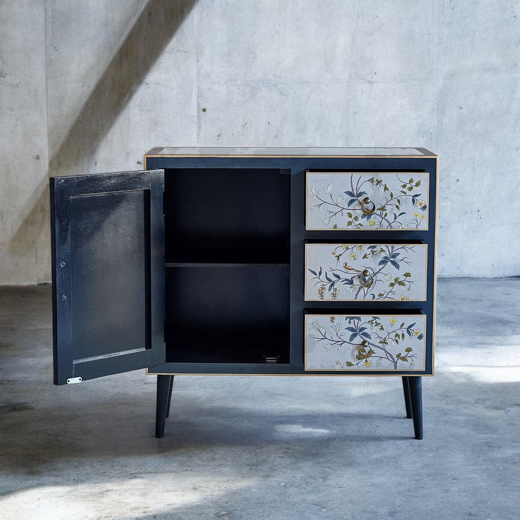 Hand-Painted Floral Chest of Drawers – Grey Mango Wood 3-Drawer Cabinet | J.L.HOME DECOR