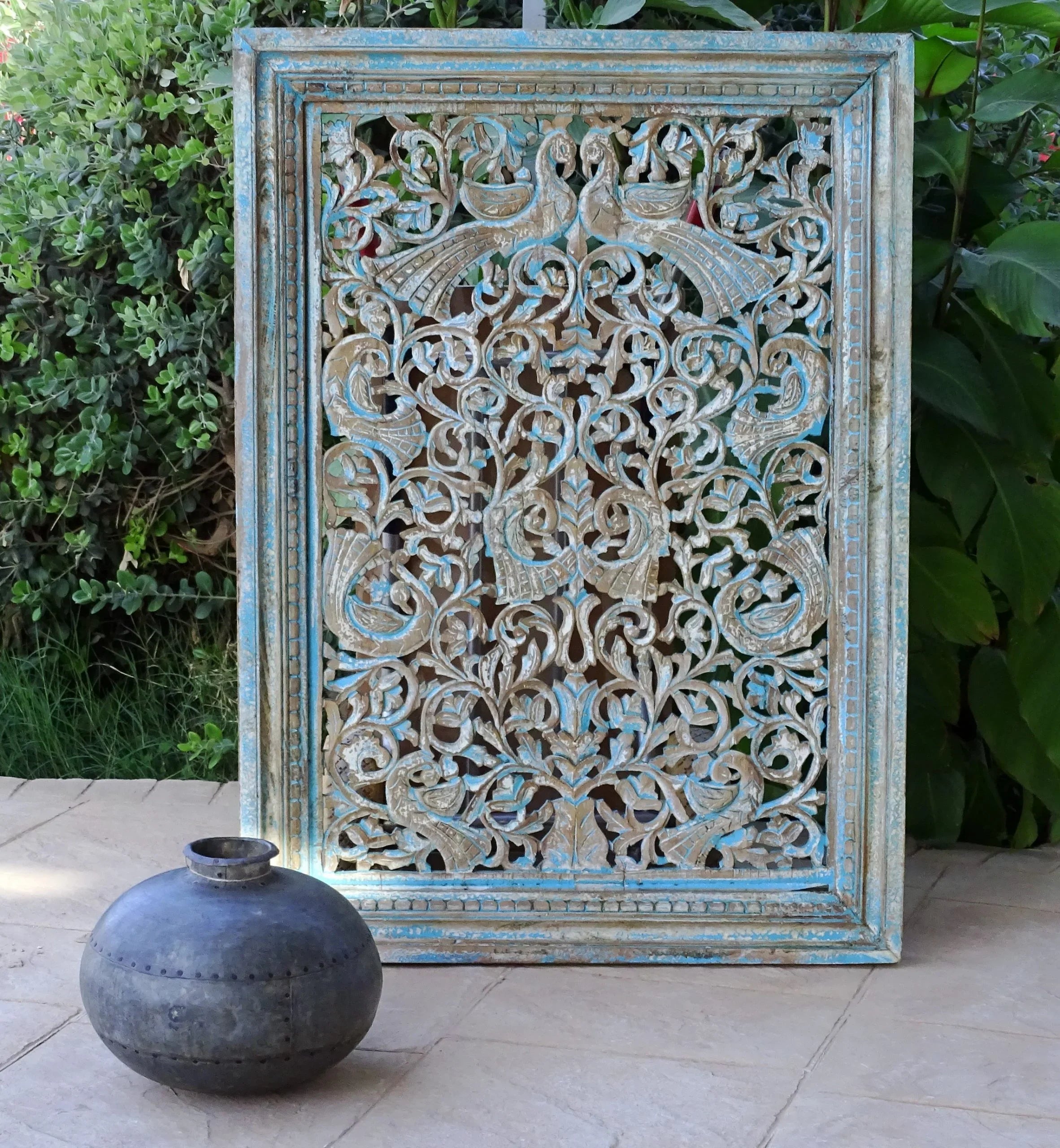 hand carved wall panel, mango wood wall art, distressed blue panel, floral carved panel, openwork wall hanging, tree of life panel, peacock wall art, indian furniture, living room wall art, bedroom wall decor, entryway wall panel, decorative wall panel, handmade wall art, artisan made panel, premium wood art, quality wood decor, durable wall panel, timeless wall art, elegant panel, statement wall decor, decorative panel, unique wall art, sculptural panel, focal piece art, handcrafted in india, sustainable w