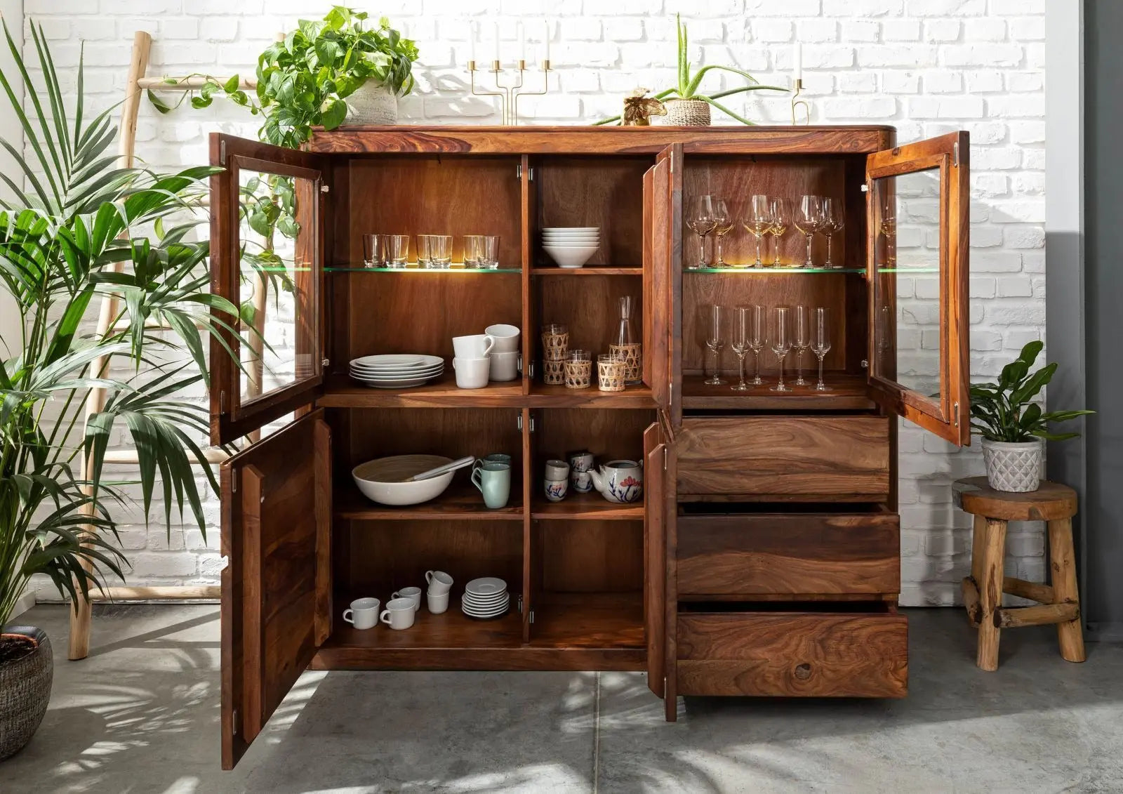 Highboard Sheesham 166x40x145 walnut highboard 145cm height storage cabinet jlhomedecor2021.myshopify.com