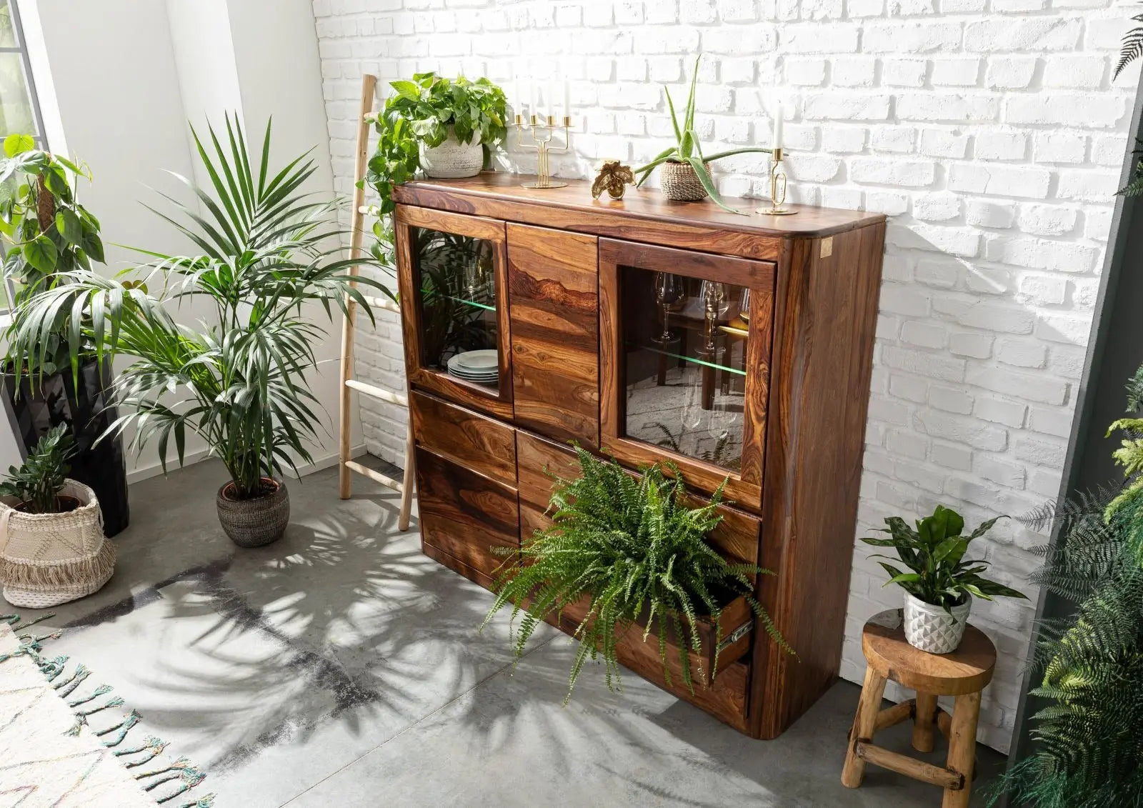 Highboard Sheesham 166x40x145 walnut highboard 145cm height storage cabinet jlhomedecor2021.myshopify.com