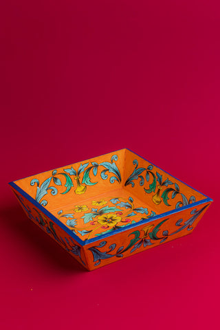 Orange Wooden Tray with Blue Pottery Work - Vibrant and Artistic Home Decor Accent