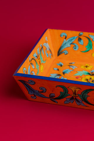 Orange Wooden Tray with Blue Pottery Work - Vibrant and Artistic Home Decor Accent