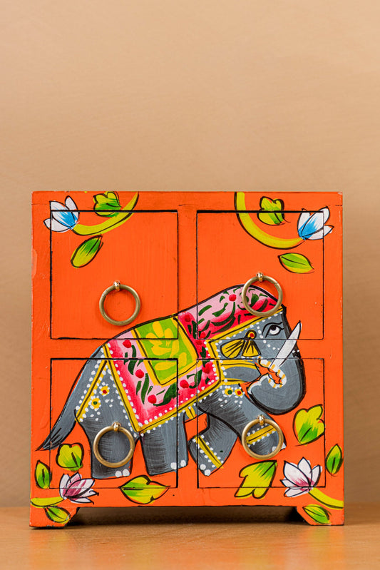 Orange Elephant Hand Painted Wooden Chest with 4 Drawers - Unique and Artistic Storage Solution