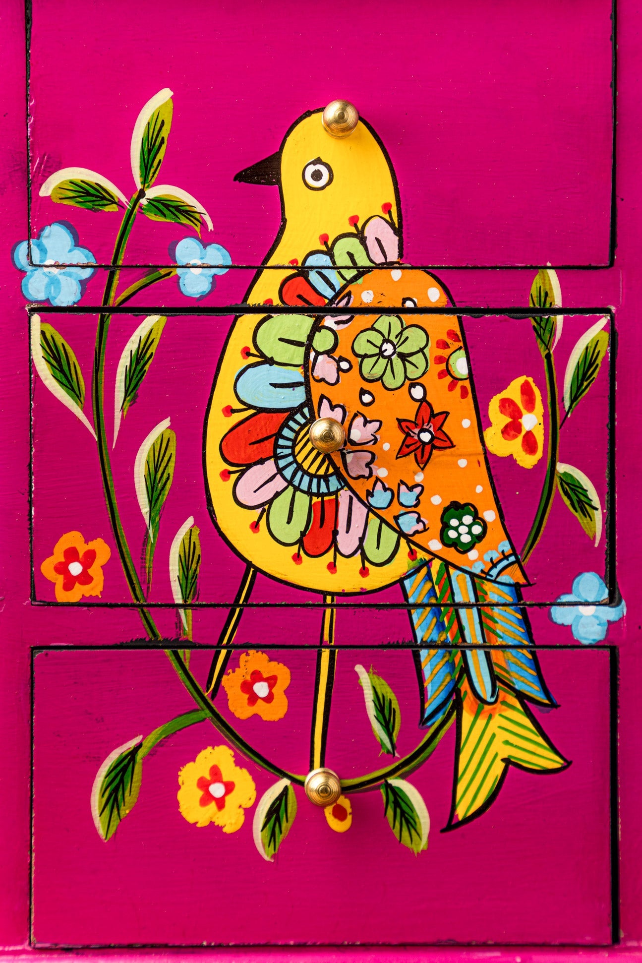 Pink Bird Hand Painted Wooden Chest with 3 Drawers