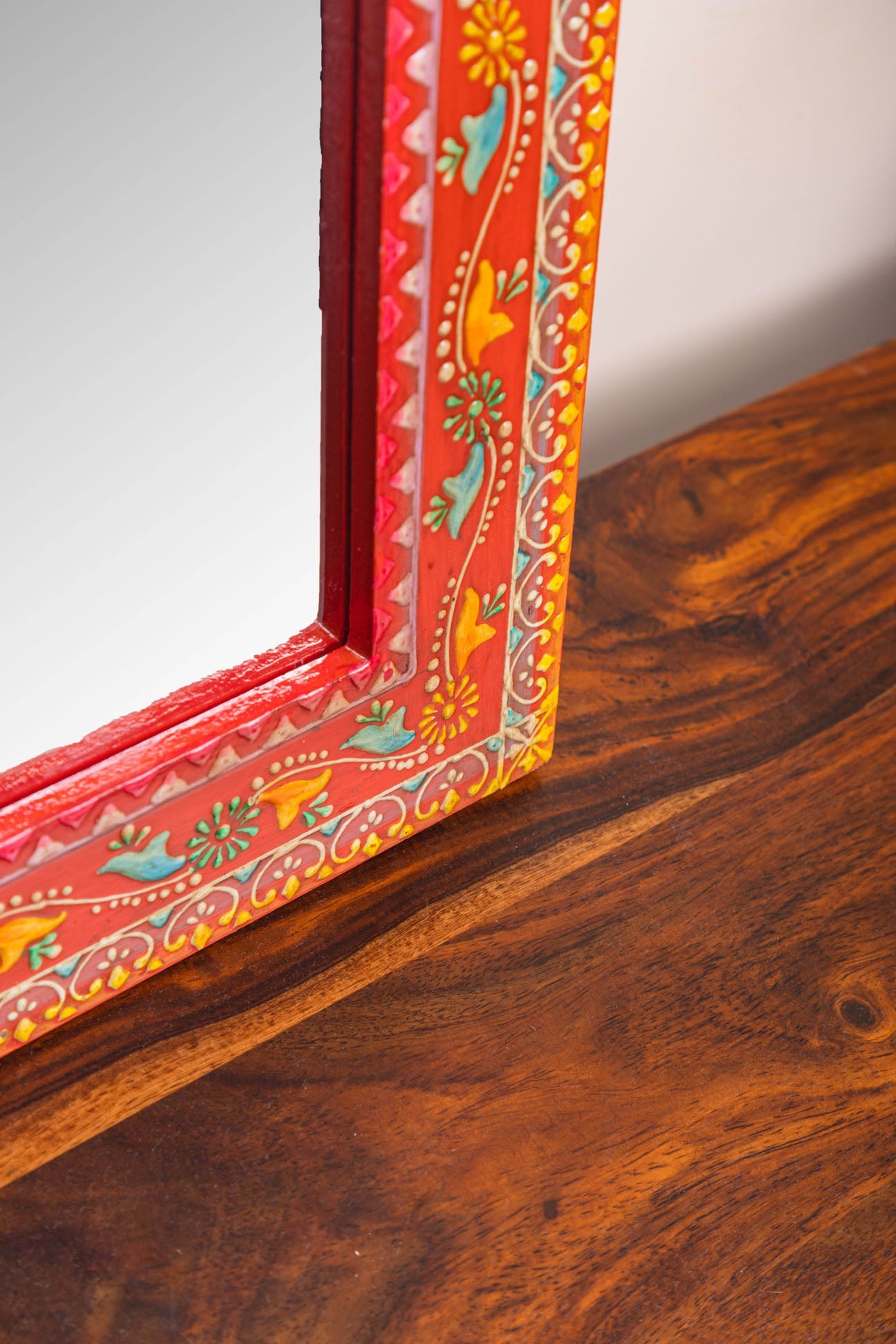 Red Arched Wooden Mirror with Antique Finish
