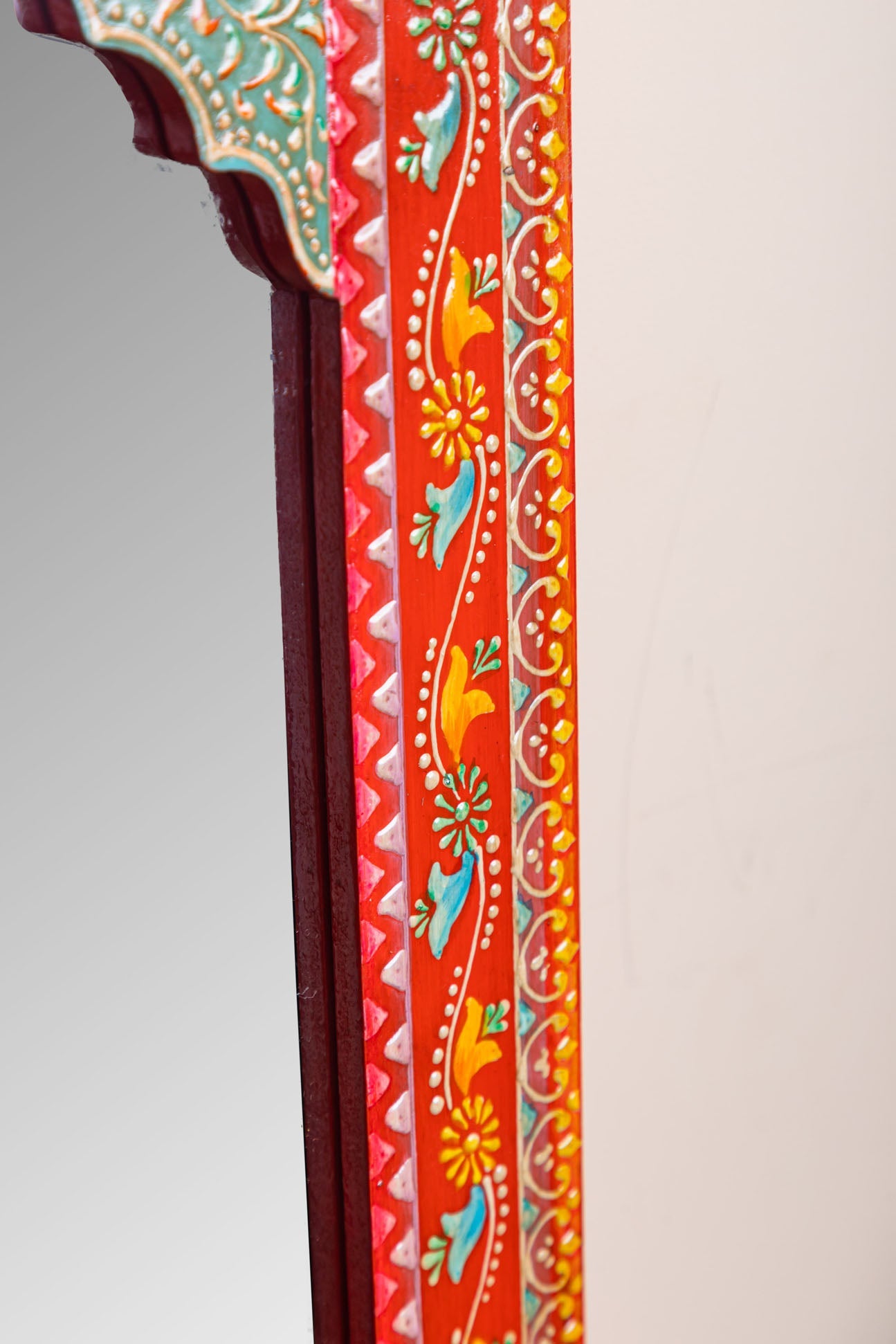 Red Arched Wooden Mirror with Antique Finish