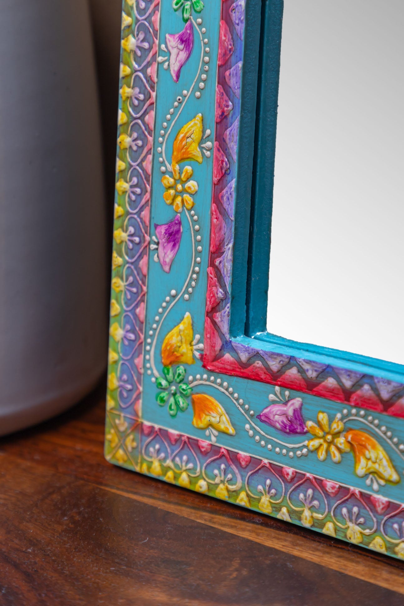 Turquoise Arched Wooden Mirror with Antique Finish