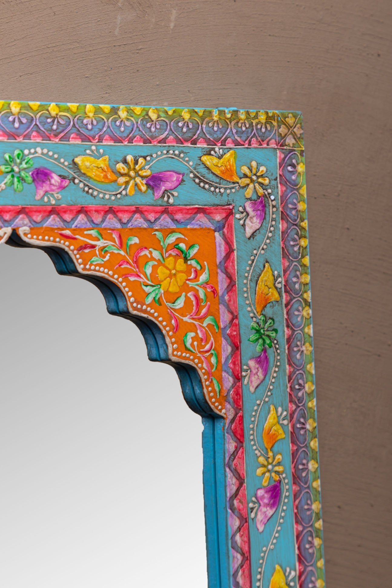 Turquoise Arched Wooden Mirror with Antique Finish