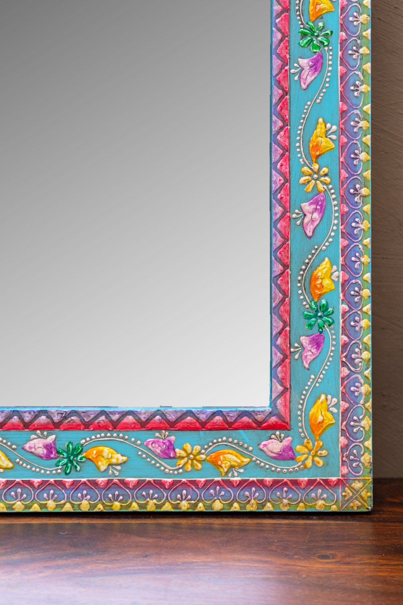 Turquoise Arched Wooden Mirror with Antique Finish