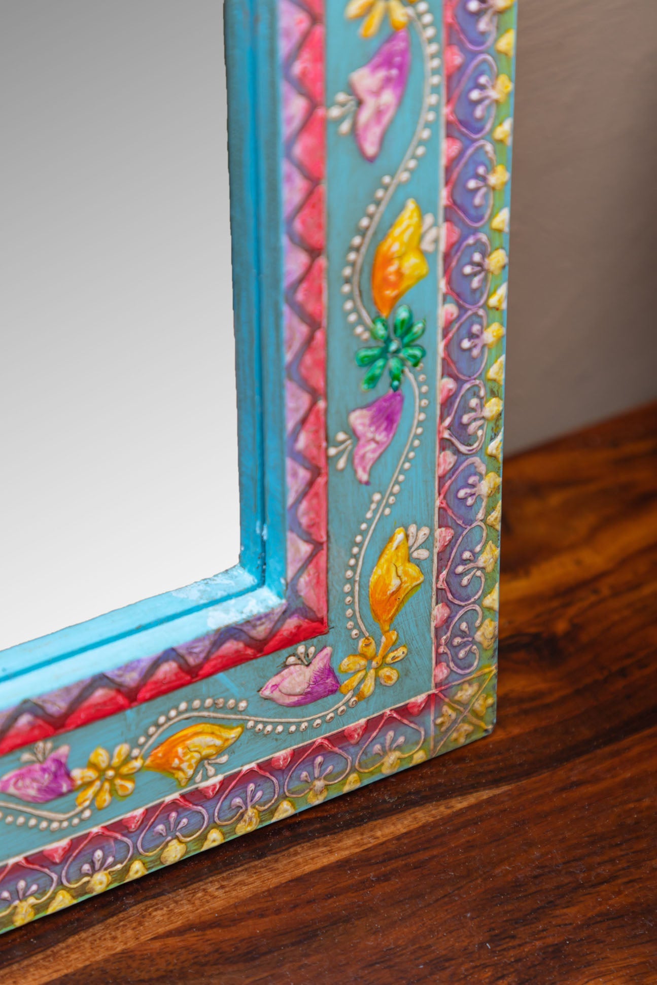 Turquoise Arched Wooden Mirror with Antique Finish