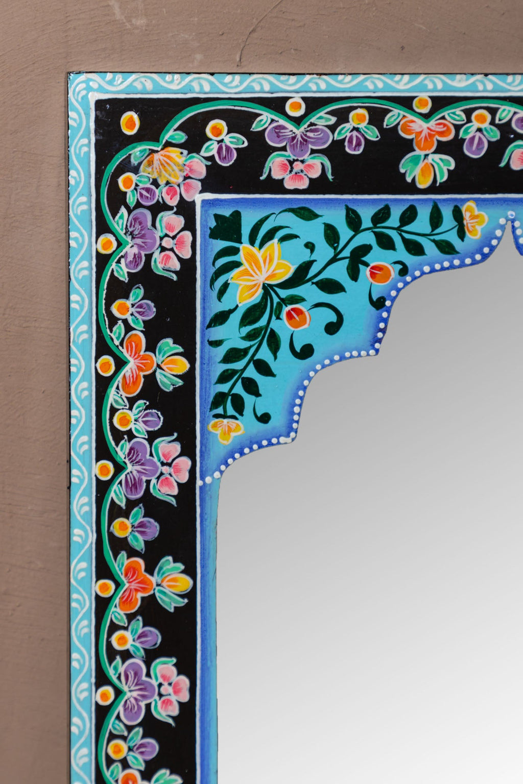 Black Mandir Wooden Mirror with Mehandi Work