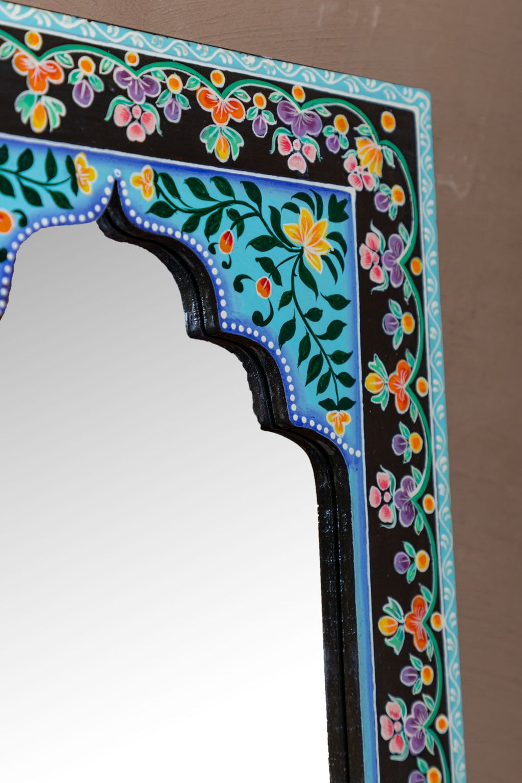 Black Mandir Wooden Mirror with Mehandi Work