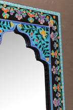 Black Mandir Wooden Mirror with Mehandi Work