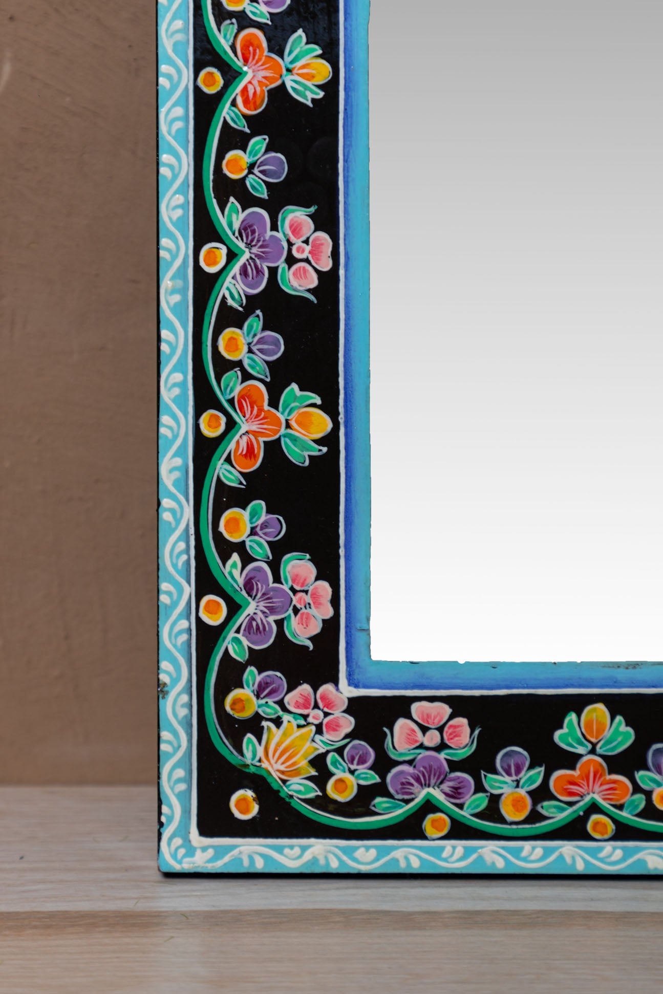 Black Mandir Wooden Mirror with Mehandi Work