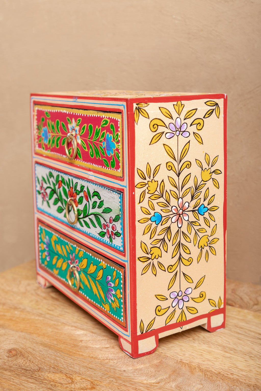 Traditional Floral Hand Painted Wooden Chest with 3 Drawers - Timeless Elegance and Functional Storage