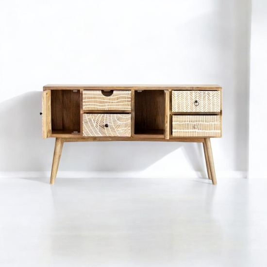 A durable wooden sideboard with a natural finish in a rustic dining area.
