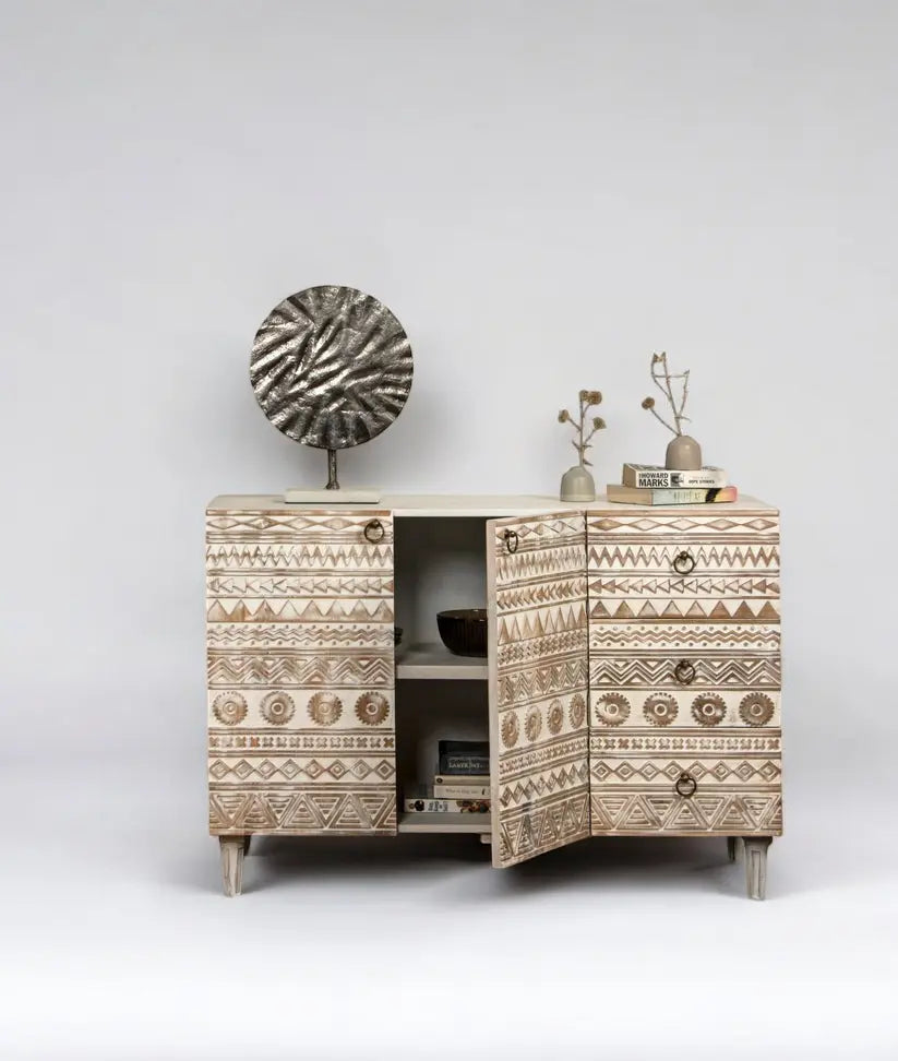 Siona Whitewashed Rustic Console Table with Hand-Carved 3 Doors cabinet  3-Door Console Table jlhomedecor2021.myshopify.com