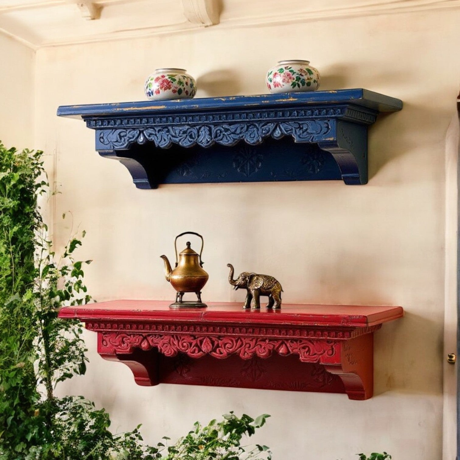 Distressed red and blue vintage Indian wall shelf with Jharokha carvings - 80×30 cm display unit