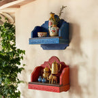 Carved Wood Temple Wall Shelves - Antique Red & Blue,  50x20x48 cm