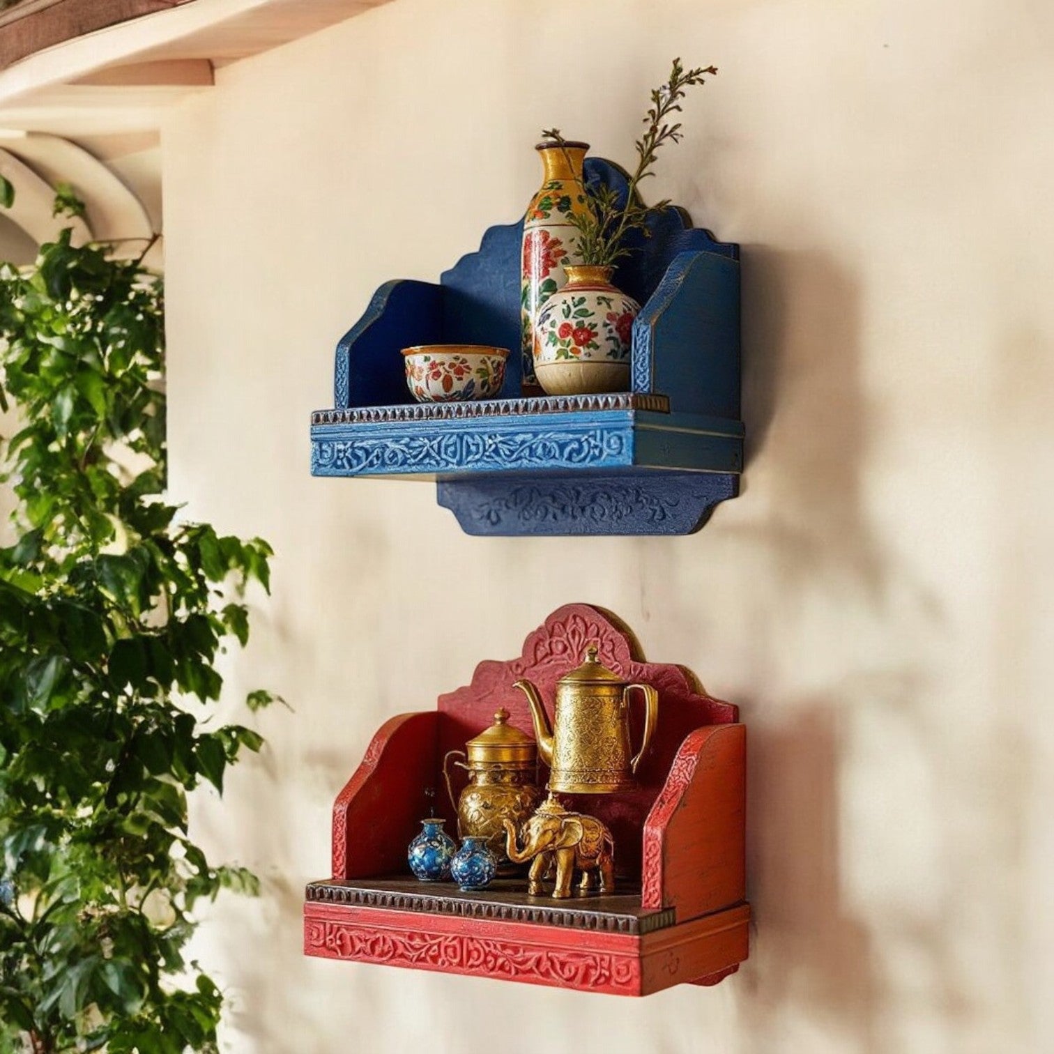Carved Wood Temple Wall Shelves - Antique Red & Blue,  50x20x48 cm