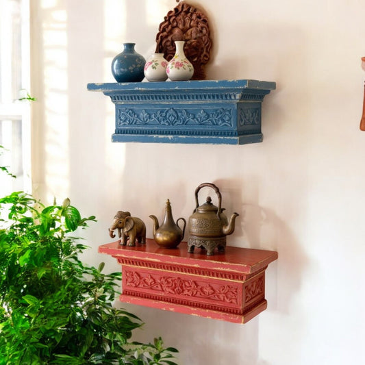 Vintage Carved Wood Wall Display Ledges - Distressed Red & Blue,  35x11x15 cm