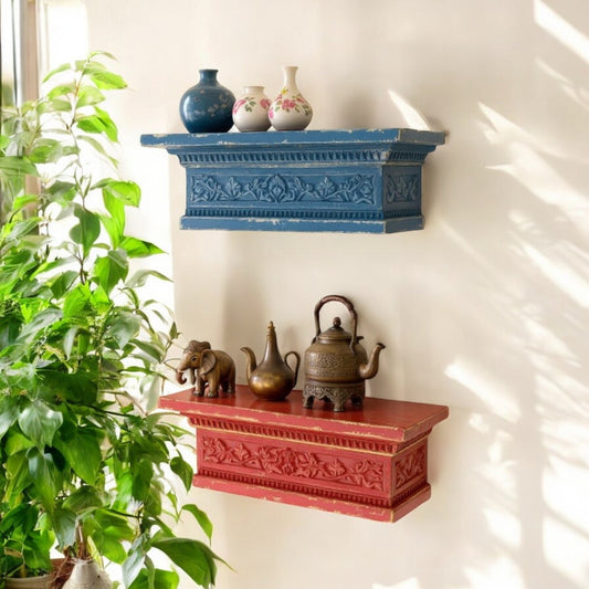 Vintage Carved Wood Wall Display Ledges - Distressed Red & Blue,  35x11x15 cm