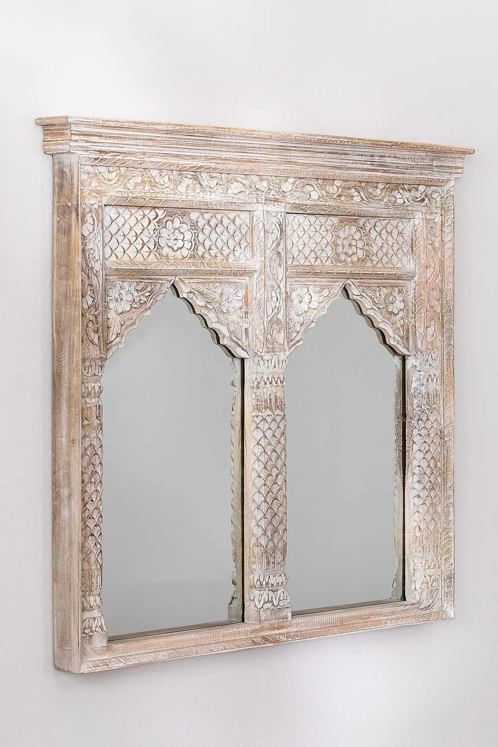 Indian Style Double Wall Mirror Jharokha Hand Carved Wall Mirror in Solid Hard Wood | Vinatge | Rustic | Living Room Antique Wall Decor Mirror artisan craftsmanship jlhomedecor2021.myshopify.com