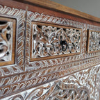 Hand‑Carved Mango Wood Console Table — Openwork Scroll Apron, 3 Drawers, 150 × 80 × 43 cm