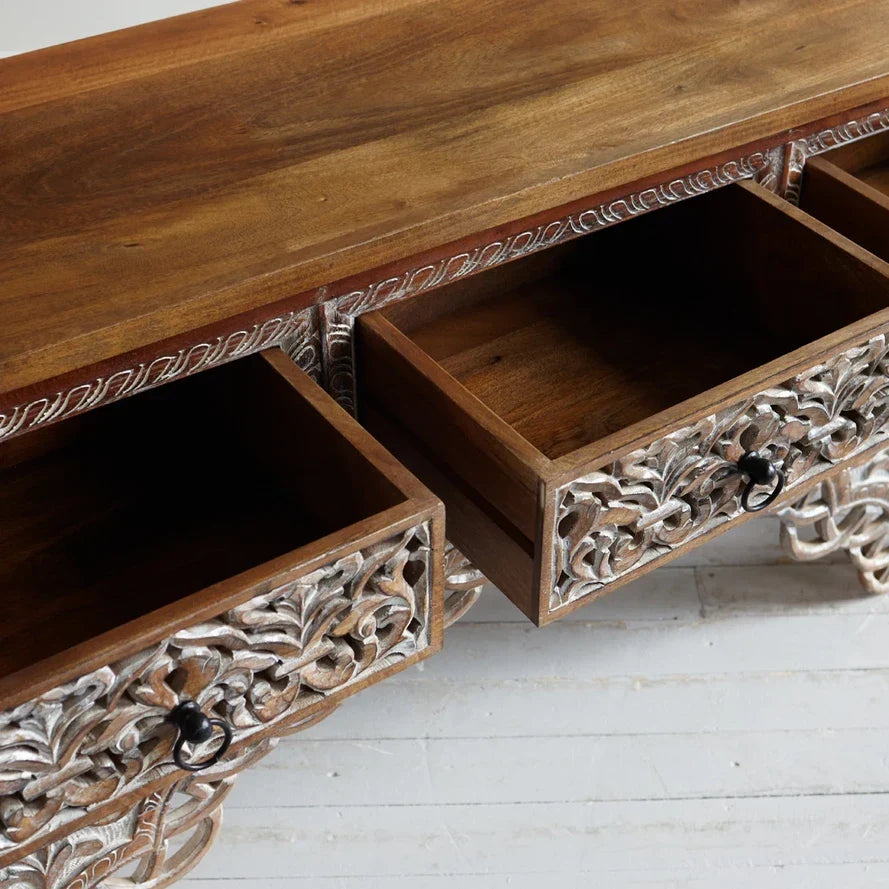 Hand‑Carved Mango Wood Console Table — Openwork Scroll Apron, 3 Drawers, 150 × 80 × 43 cm