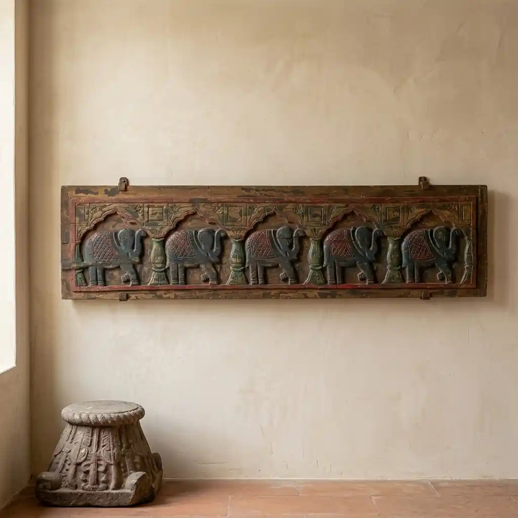 Ethnic Carved Wooden Elephant Procession Panel | Vintage Painted Finish | 130 x 33 cm | Mango Wood