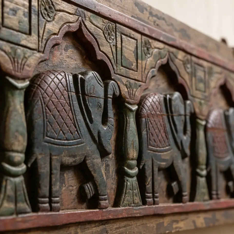 Ethnic Carved Wooden Elephant Procession Panel | Vintage Painted Finish | 130 x 33 cm | Mango Wood