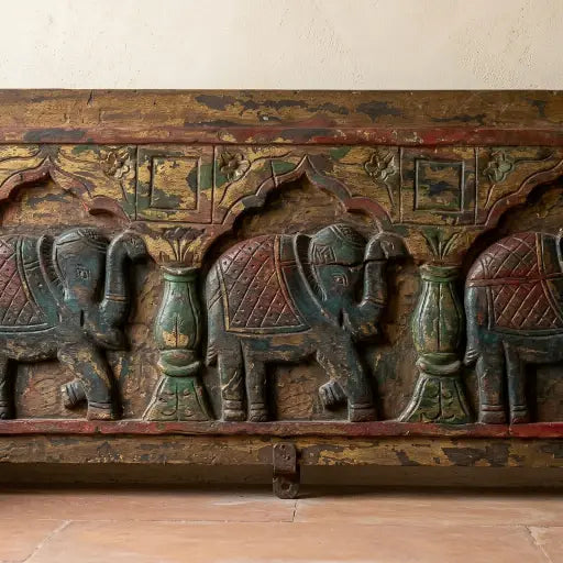 Ethnic Carved Wooden Elephant Procession Panel | Vintage Painted Finish | 130 x 33 cm | Mango Wood