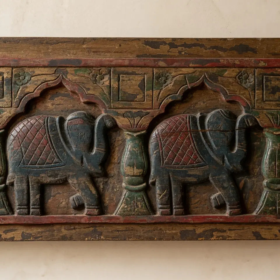 Ethnic Carved Wooden Elephant Procession Panel | Vintage Painted Finish | 130 x 33 cm | Mango Wood