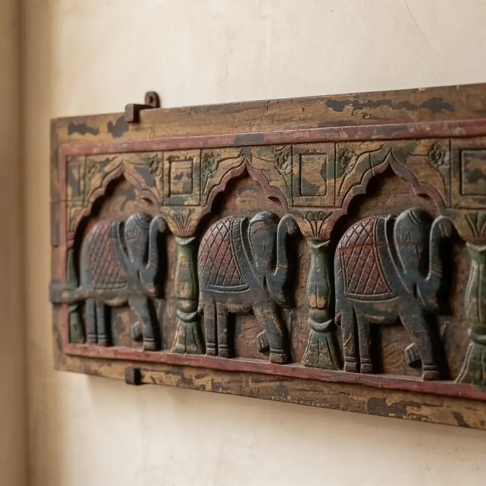 Ethnic Carved Wooden Elephant Procession Panel | Vintage Painted Finish | 130 x 33 cm | Mango Wood