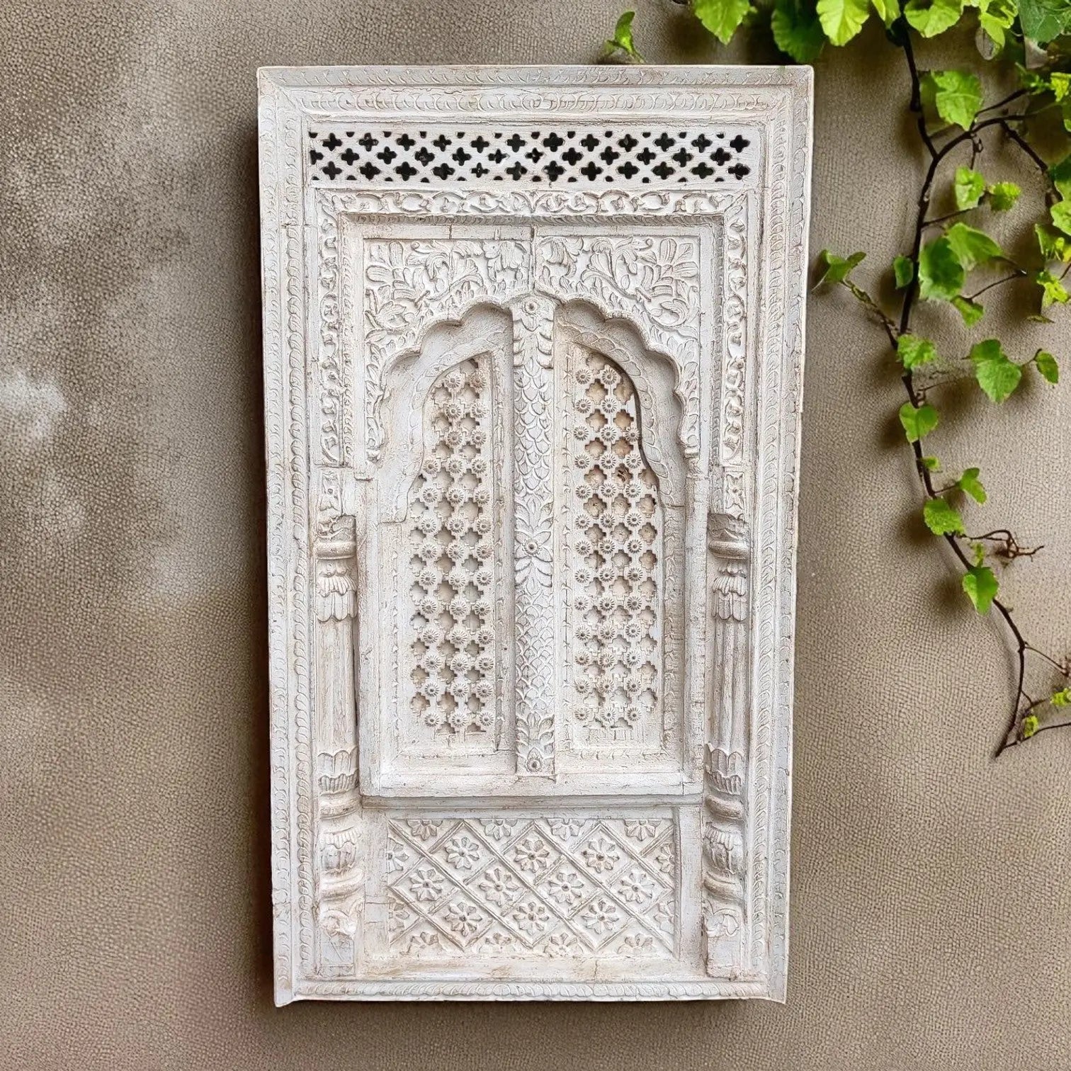 Vintage Carved Wood & Brass Window Frame — Handcrafted Mango Wood Wall Hanging, 122 × 69 × 10 cm (Fixed, Non‑Openable) plaques  above bed decor jlhomedecor2021.myshopify.com