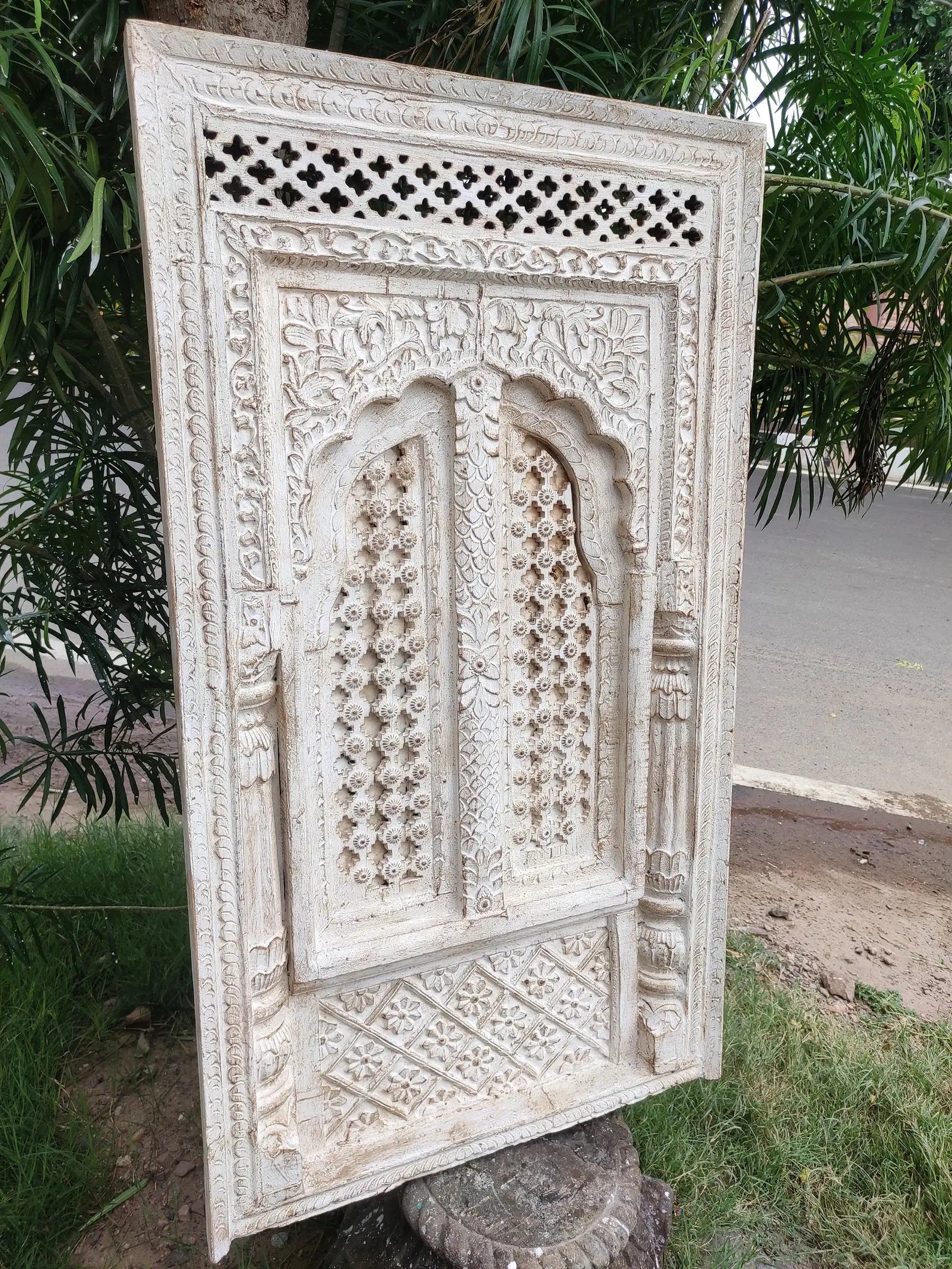 Vintage Carved Wood & Brass Window Frame — Handcrafted Mango Wood Wall Hanging, 122 × 69 × 10 cm (Fixed, Non‑Openable) plaques  above bed decor jlhomedecor2021.myshopify.com
