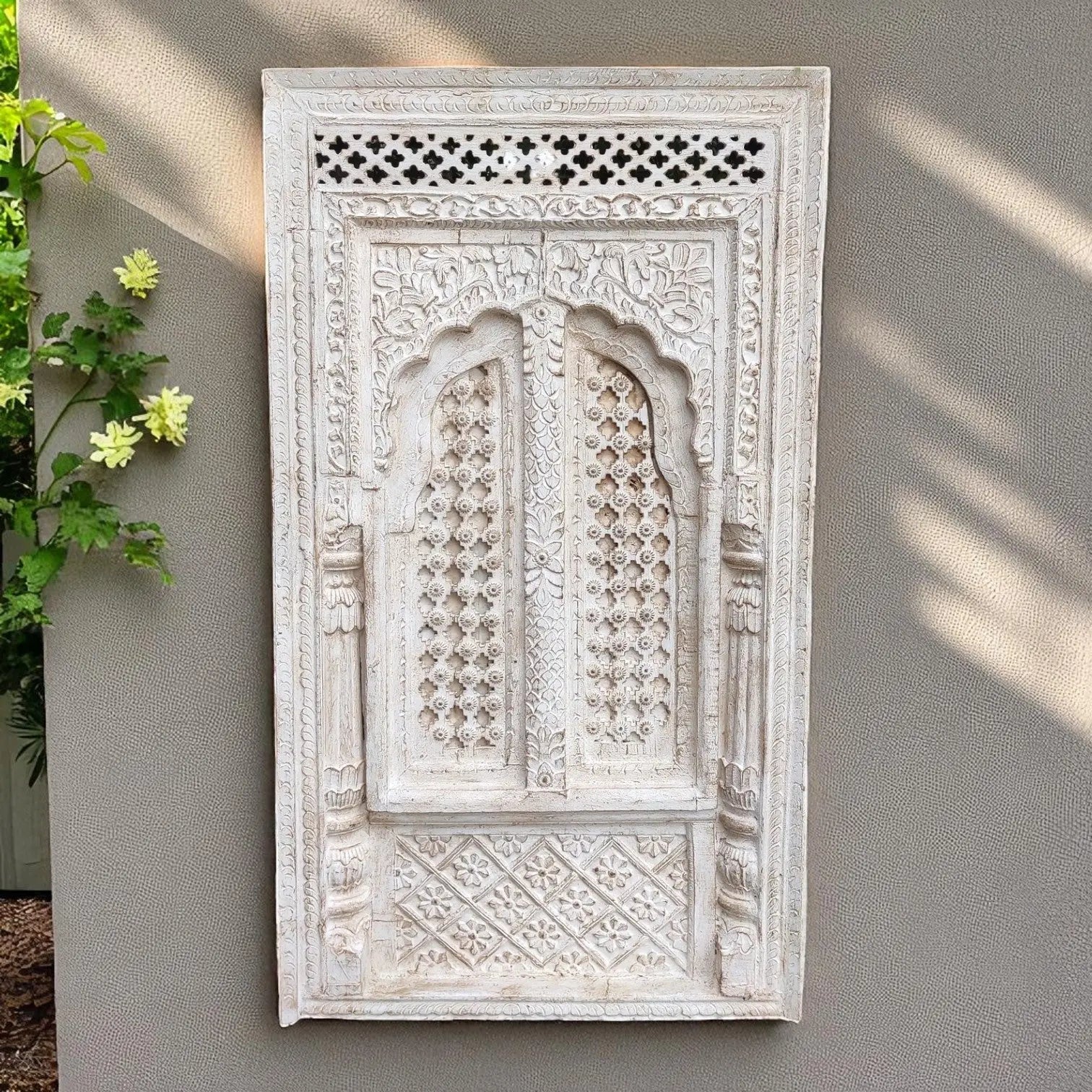 Vintage Carved Wood & Brass Window Frame — Handcrafted Mango Wood Wall Hanging, 122 × 69 × 10 cm (Fixed, Non‑Openable) plaques  above bed decor jlhomedecor2021.myshopify.com