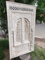 Vintage Carved Wood & Brass Window Frame — Handcrafted Mango Wood Wall Hanging, 122 × 69 × 10 cm (Fixed, Non‑Openable)