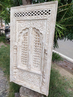 Vintage Carved Wood & Brass Window Frame — Handcrafted Mango Wood Wall Hanging, 122 × 69 × 10 cm (Fixed, Non‑Openable)