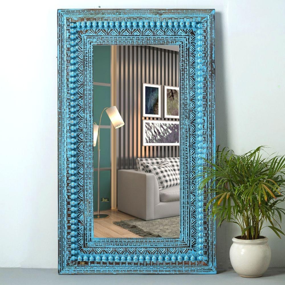 Rustic Elegance Distressed Mirror Wall Hanging | Vintage Blue Jharokha Frame