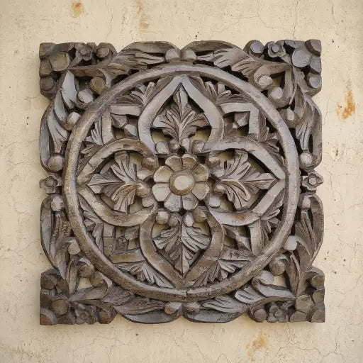 Hand Carved Wooden Mandala Wall Art | Wood Wall Decor – Floral Round Carved Panel