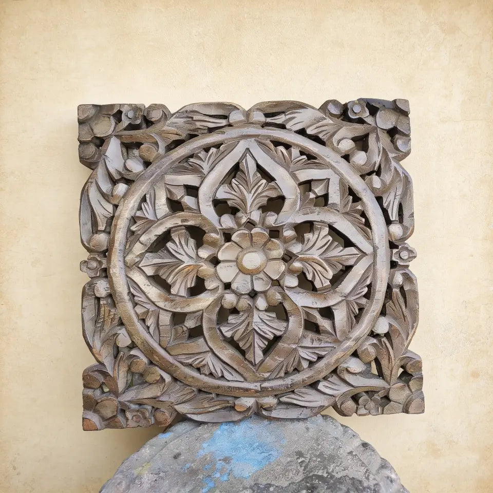 Hand Carved Wooden Mandala Wall Art | Wood Wall Decor – Floral Round Carved Panel