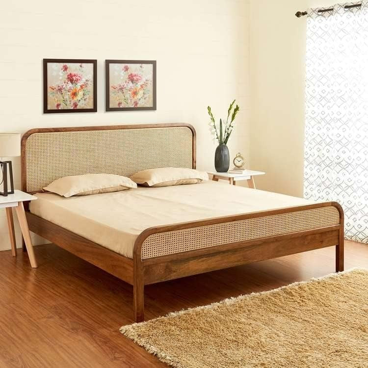 Serene Harmony Modern Cane Bed Design | Queen Size Mango Wood Furniture